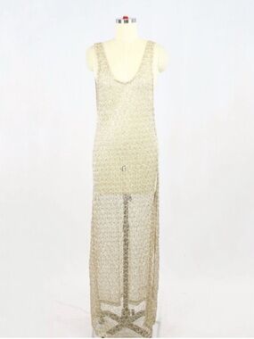 ASOS SWIM Gold Metallic Sequin Embellished Open Knit U-Neck Maxi Dress, Size 10